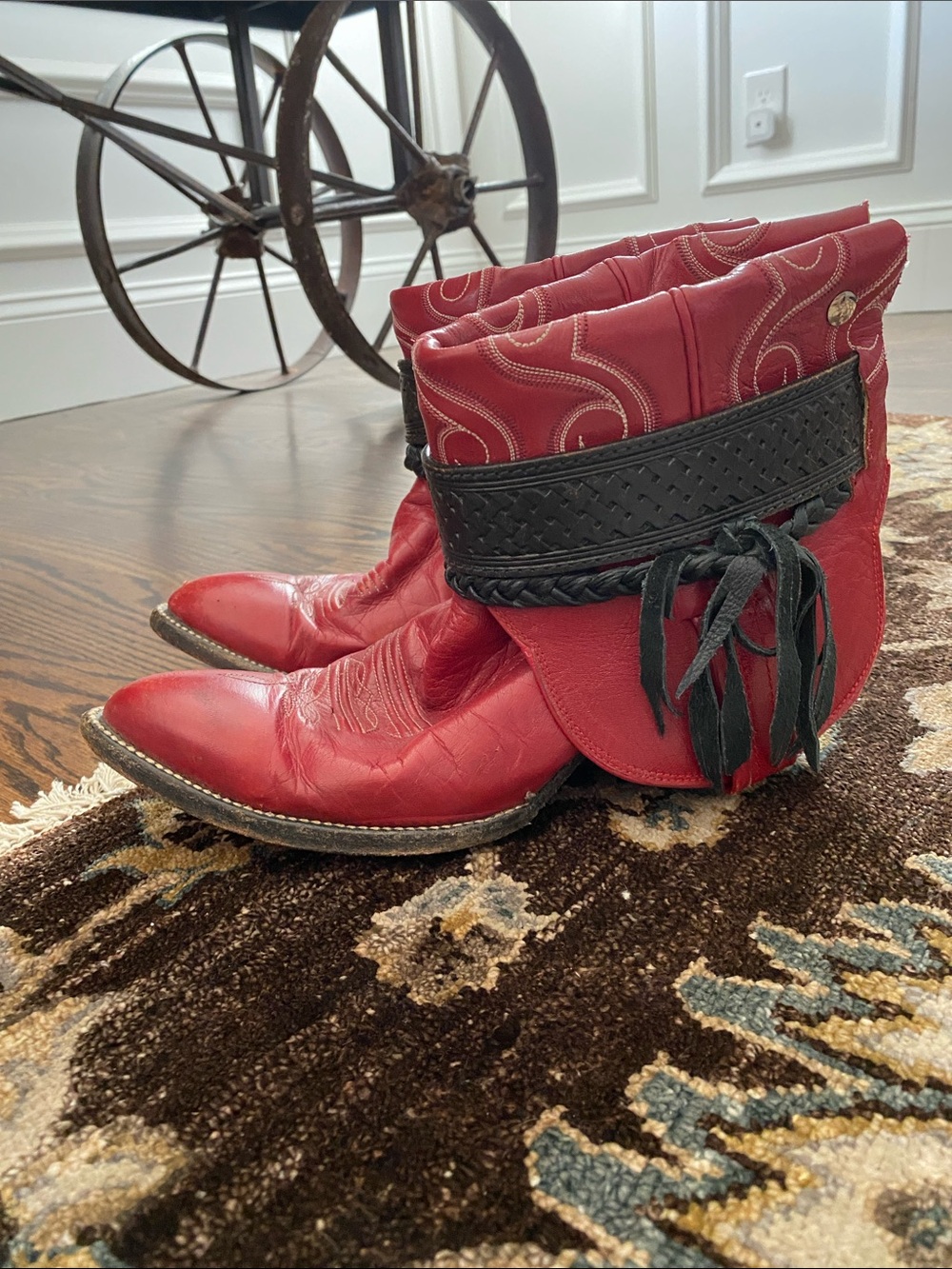 Women's Red Western Ankle Booties with Braided Black Strap - Picture 3 of 4